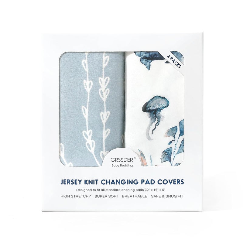 GRSSDER Stretch Ultra Soft Jersey Knit Changing Pad Cover Set 2 Pack, Change Table Pad Covers Fit 32"/34" x 16" Pads Safe and Snug, Sea Fish Print for Girls and Boys - Image 4